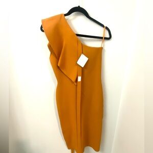 Scanlan Theodore Crepe Knit Ruffle Dress Sz S NWT Amber Yellow Gold